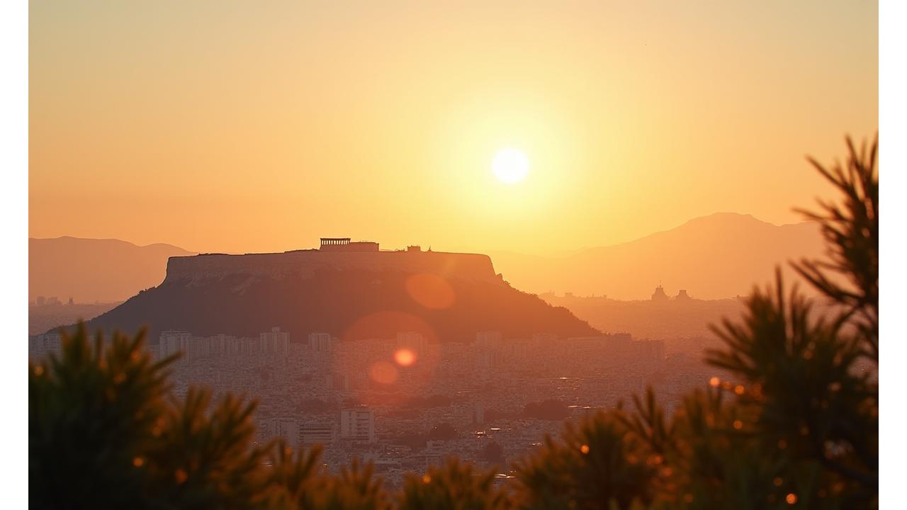 Πανοραμική θέα της Αθήνας από ψηλά με την Ακρόπολη στο βάθος, ανατολή ηλίου, που συμβολίζει την αρχή ενός ταξιδιού ευεξίας.