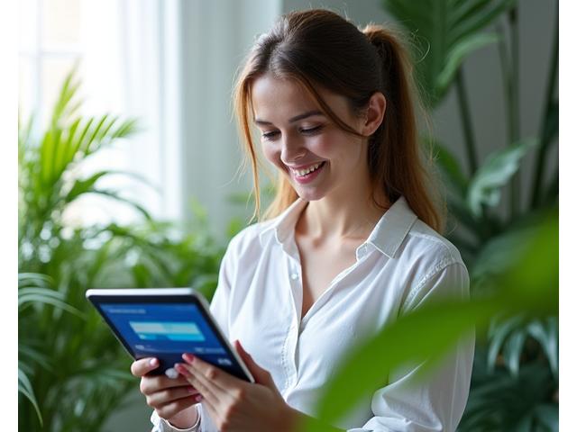 Μια γυναίκα διαβάζει σε ένα tablet, περιτριγυρισμένη από πράσινα φυτά, που συμβολίζει την καθημερινή ενημέρωση για την ευεξία.