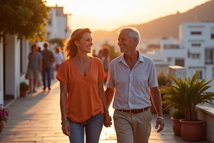 Ευτυχισμένο ζευγάρι 35+ να κάνει περίπατο στην Αθήνα, συμβολίζοντας την έναρξη του ταξιδιού ευεξίας