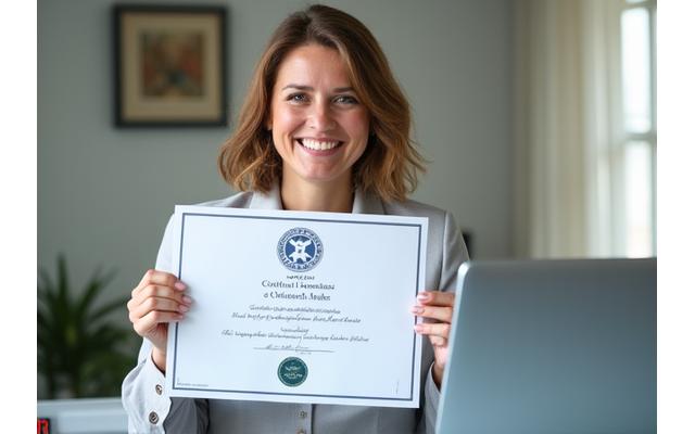 Γυναίκα που κρατά ένα πιστοποιητικό ολοκλήρωσης online μαθήματος
