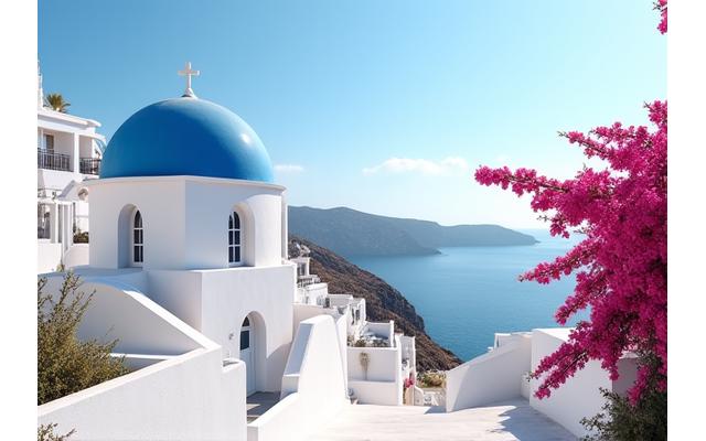 Σαντορίνη, κατάλευκα σπίτια με μπλε τρούλους και θέα στο ηλιοβασίλεμα